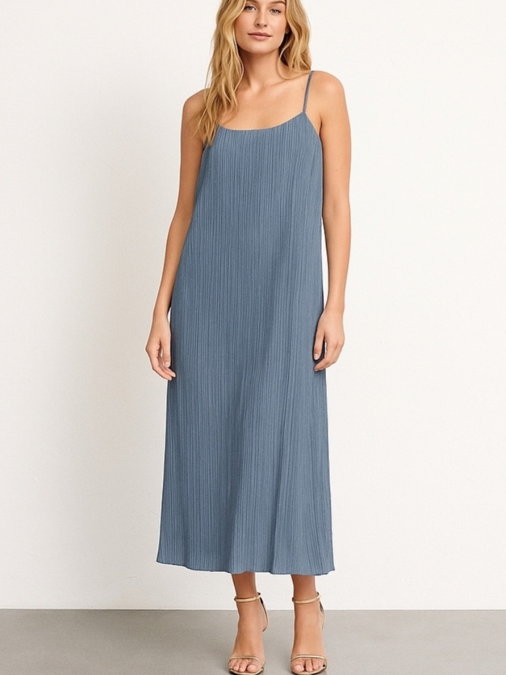 Madewell Blue-Gray Pleated Spaghetti-Strap Midi Dress